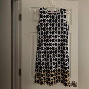 Charter Club Navy, White and Yellow Chain-Print Sleeveless Dress Petite Large